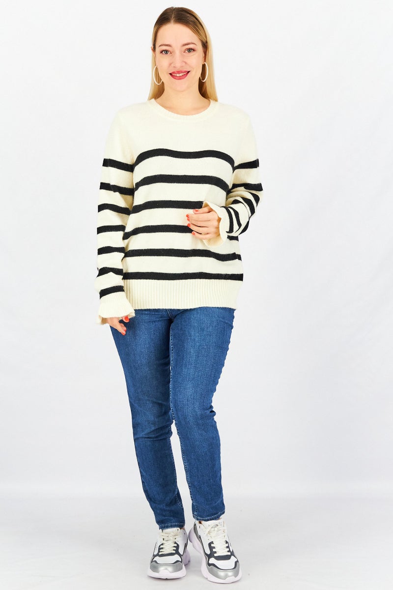 Women Crew Neck Long Sleeves Stripe Knit Sweater, Beige/Black