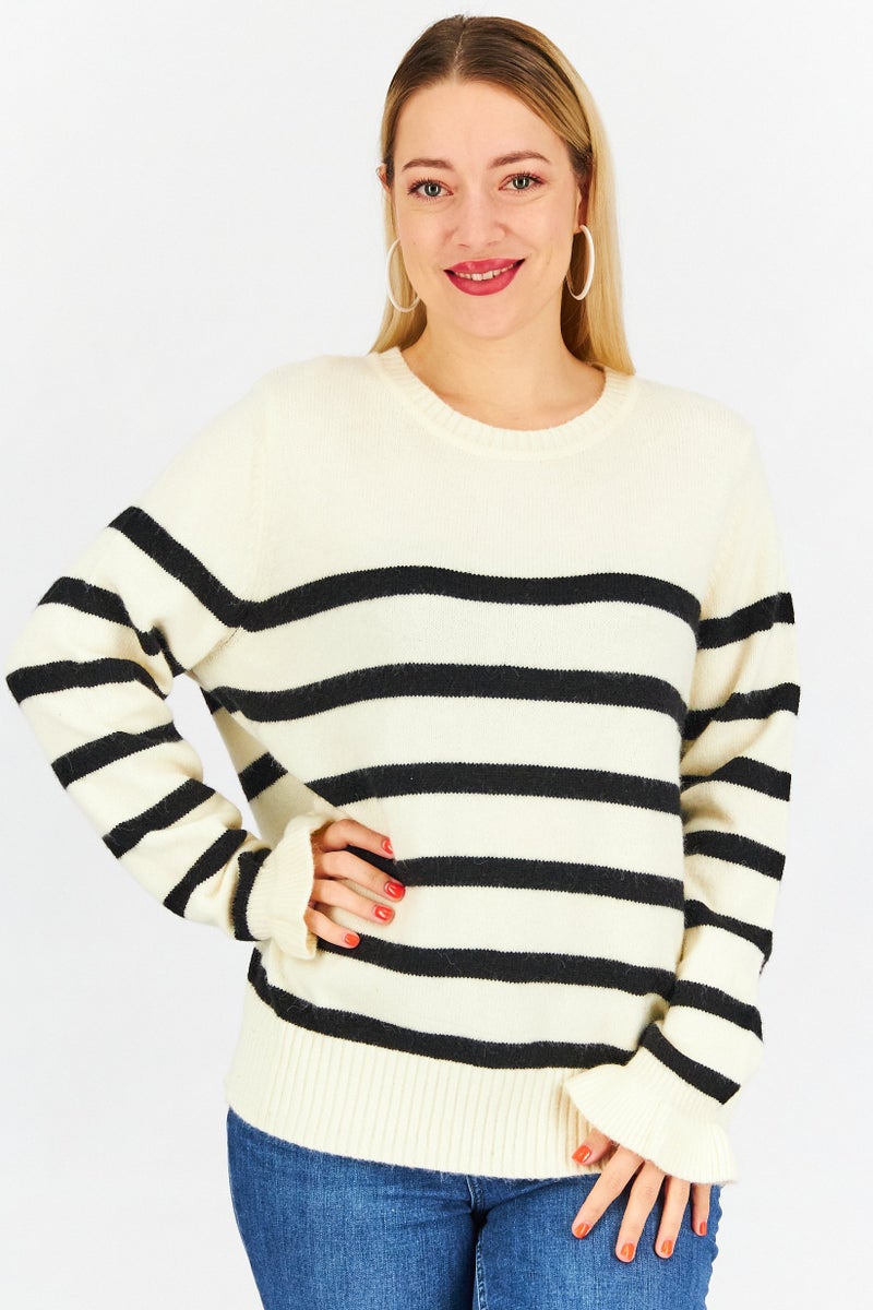 Women Crew Neck Long Sleeves Stripe Knit Sweater, Beige/Black