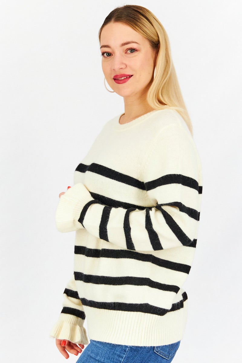 Women Crew Neck Long Sleeves Stripe Knit Sweater, Beige/Black