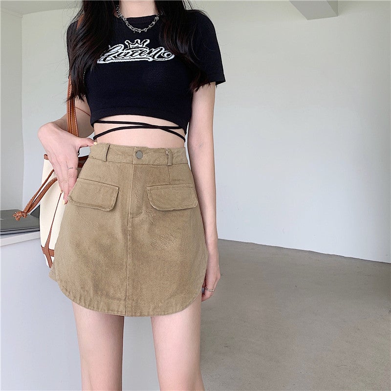 plus size Womens 2024 New Summer Culottes for Chubby Girls American Style High Waist Slimming Spice Girls Irregular Denim Skirtkhaki [A-shaped skirt/skirt skirt/skirt female design sense of niche/obvious khaki [A-shaped skirt/skirt skirt/skirt female design sense of niche/obvious