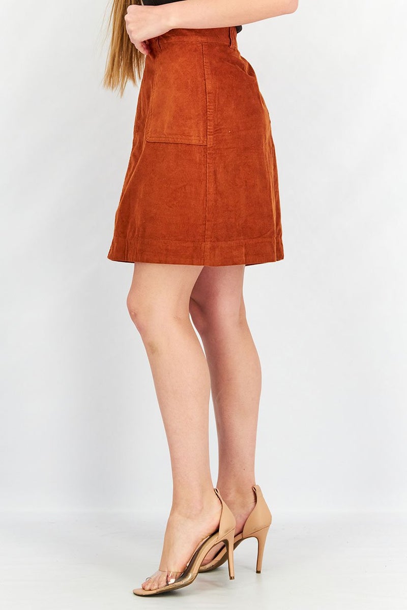 Women Corduroy Textured Mini Skirt, Rust Brown