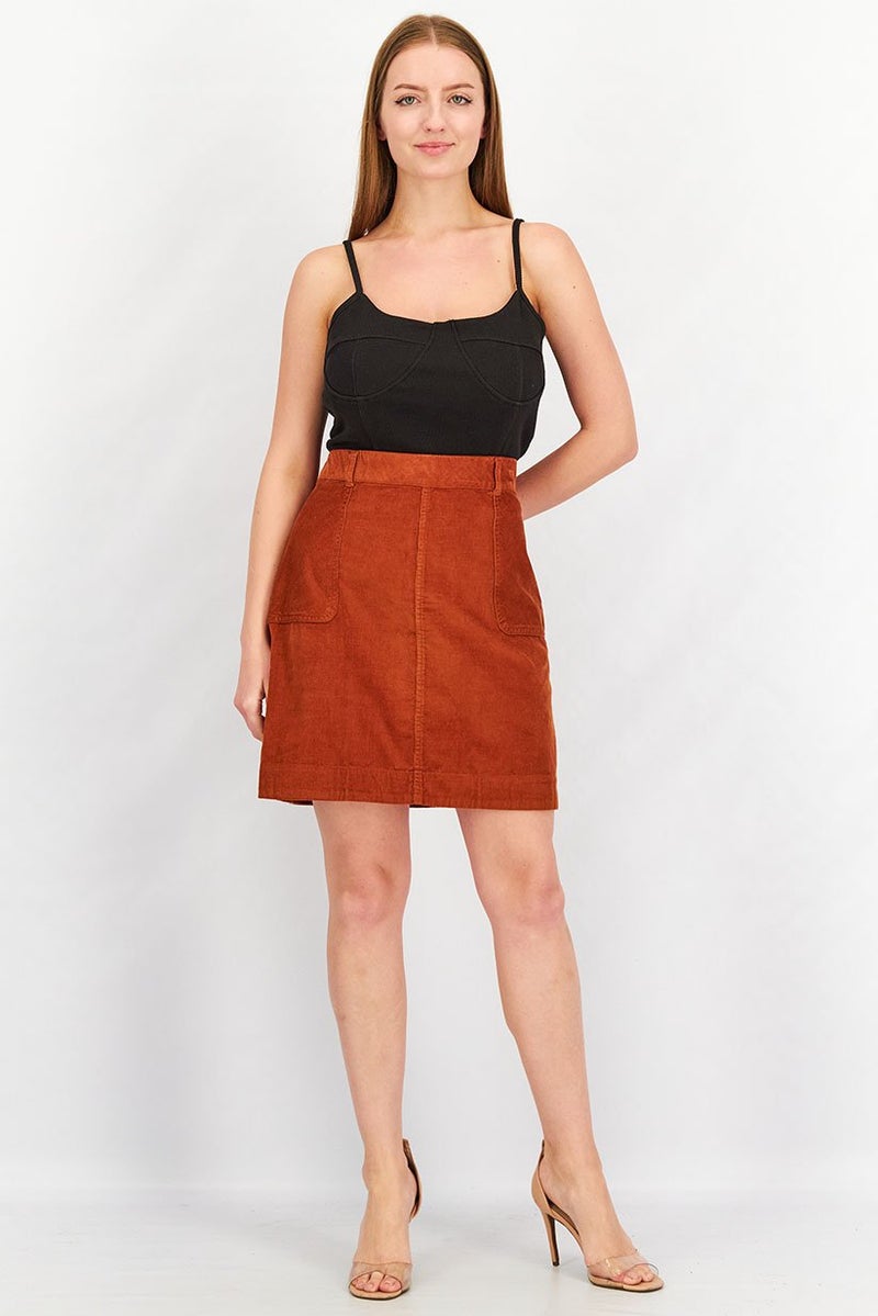 Women Corduroy Textured Mini Skirt, Rust Brown