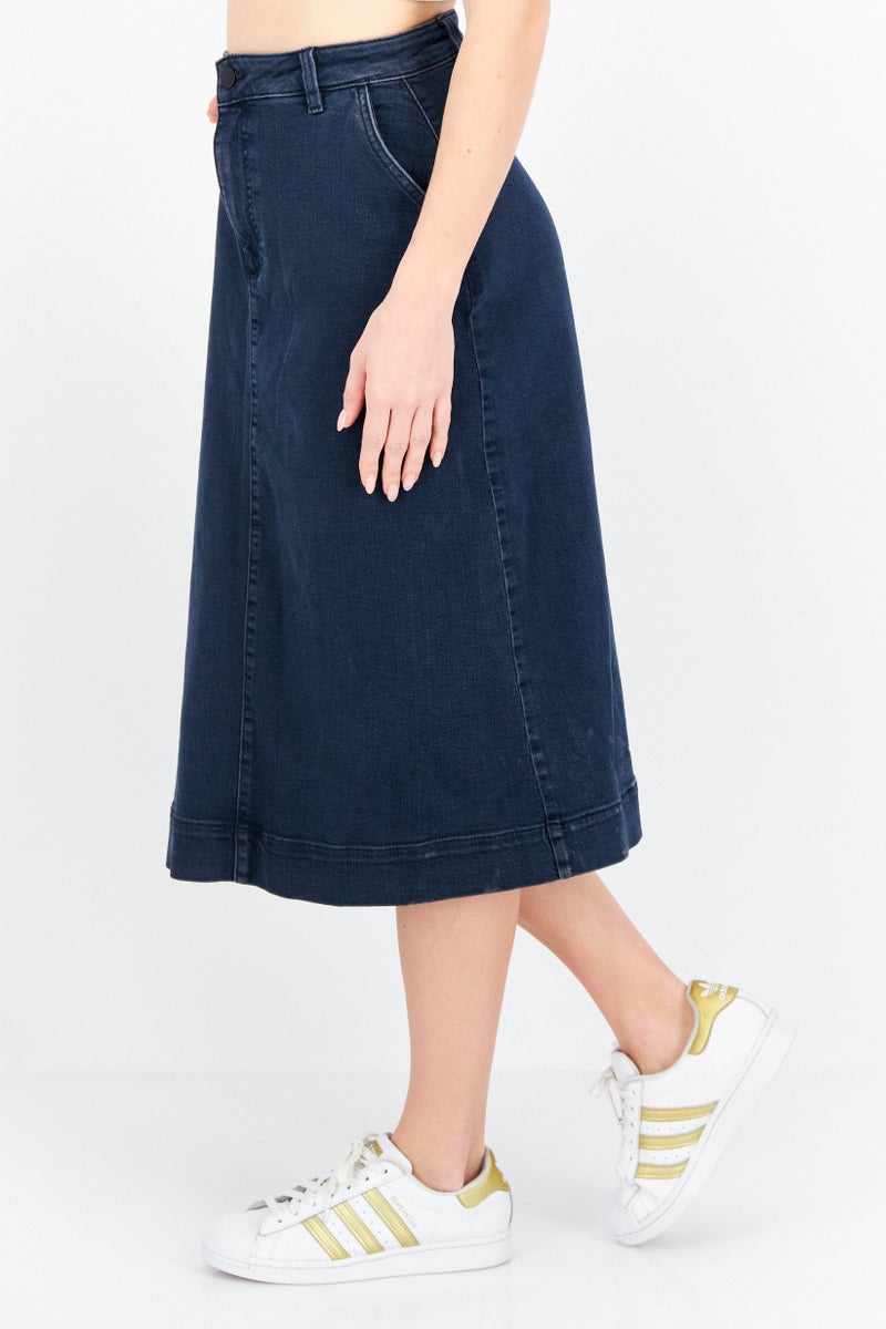 Women Washed Denim Midi Skirt, Navy Blue