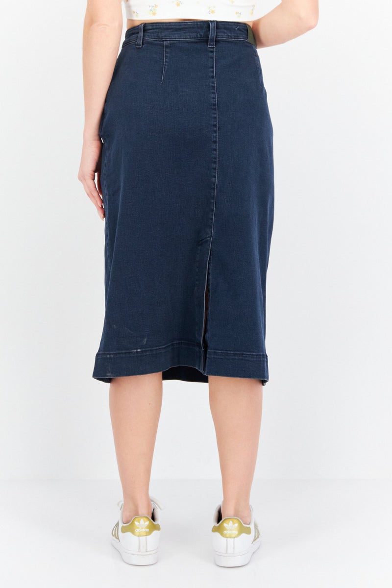 Women Washed Denim Midi Skirt, Navy Blue