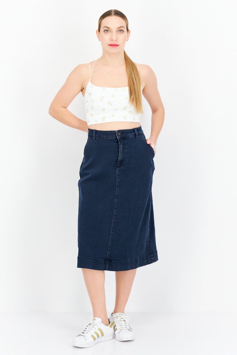 Women Washed Denim Midi Skirt, Navy Blue