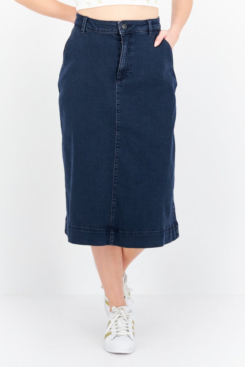 Women Washed Denim Midi Skirt, Navy Blue