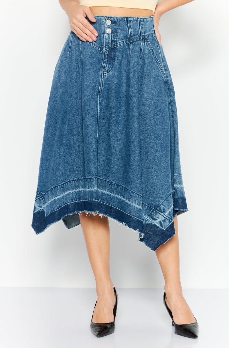 Women Washed Denim Midi Skirt, Blue