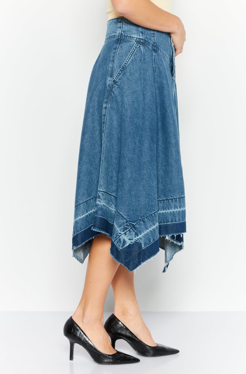 Women Washed Denim Midi Skirt, Blue