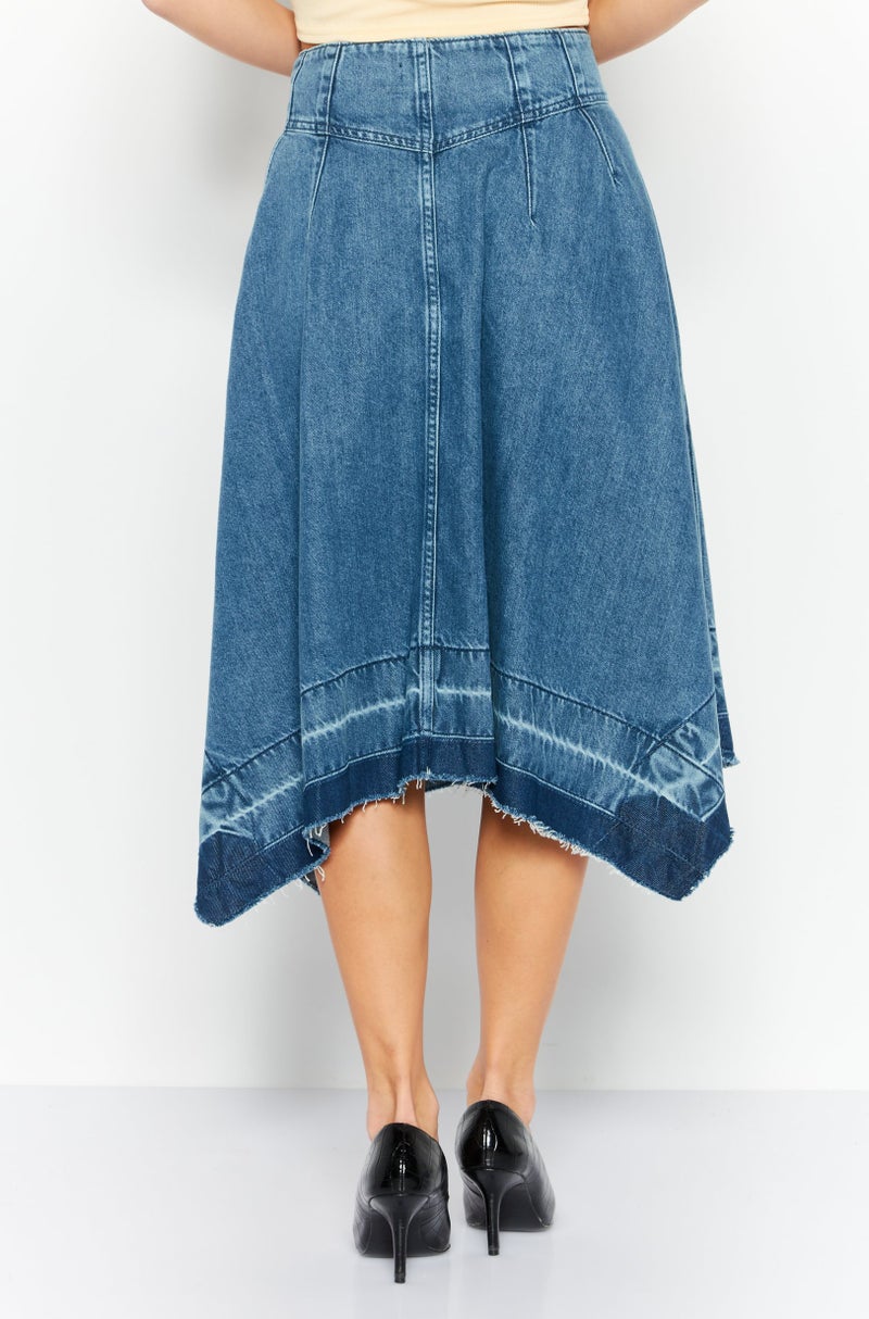 Women Washed Denim Midi Skirt, Blue