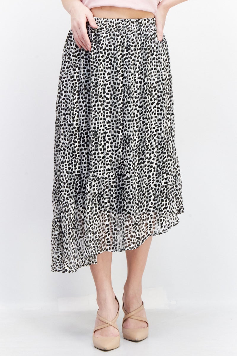 Women Allover Print Midi Skirt, Grey/Black