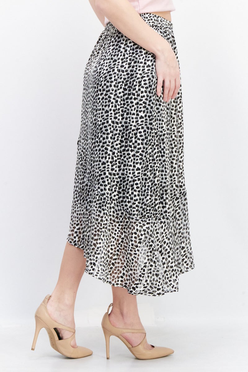 Women Allover Print Midi Skirt, Grey/Black