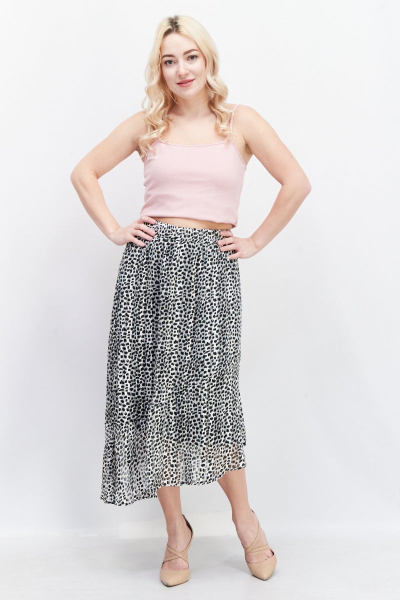 Women Allover Print Midi Skirt, Grey/Black