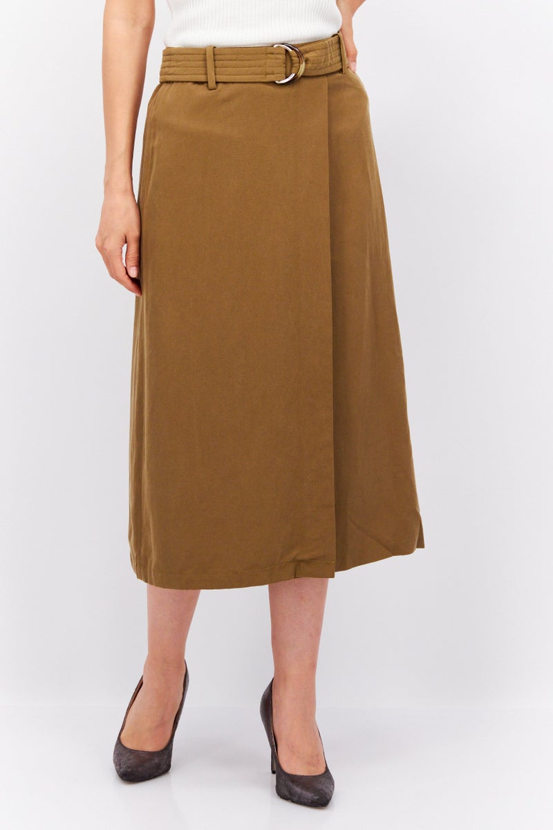 Women Solid Belted Midi Skirts, Olive