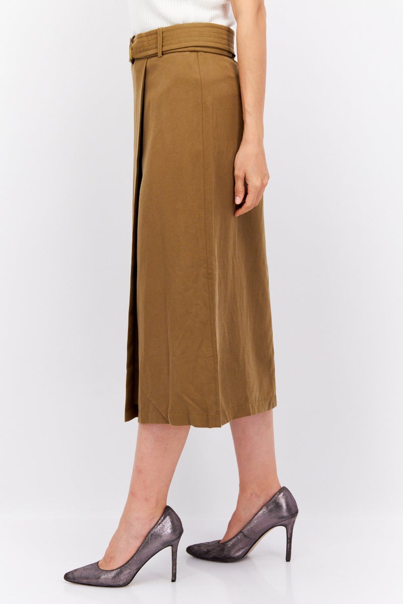 Women Solid Belted Midi Skirts, Olive