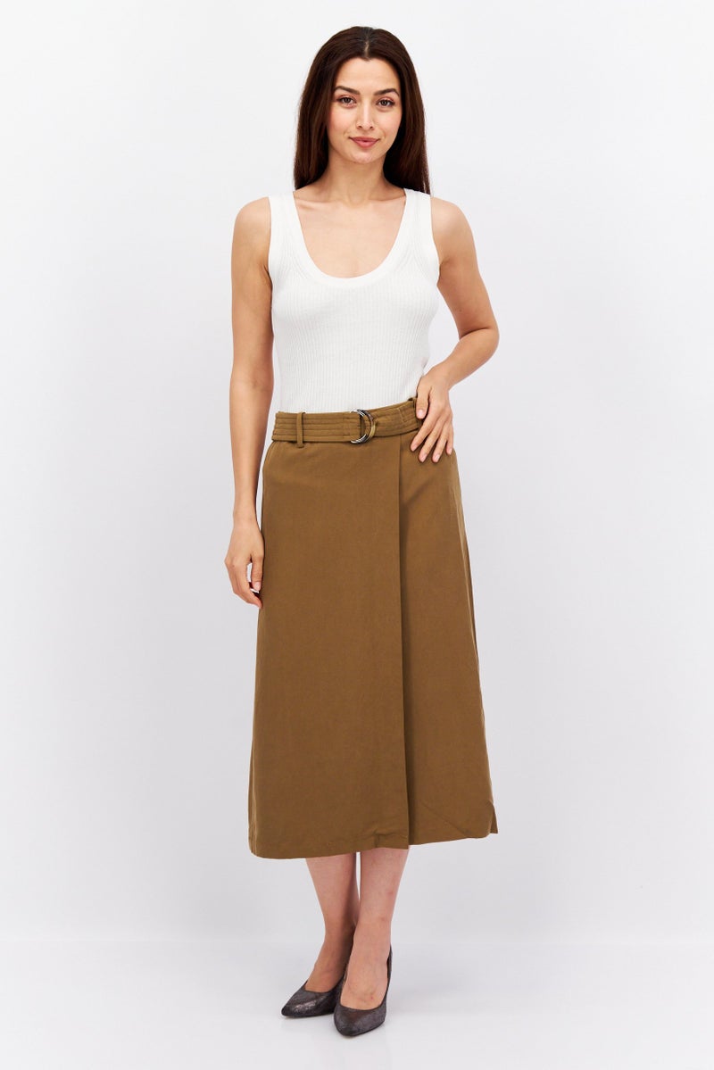 Women Solid Belted Midi Skirts, Olive