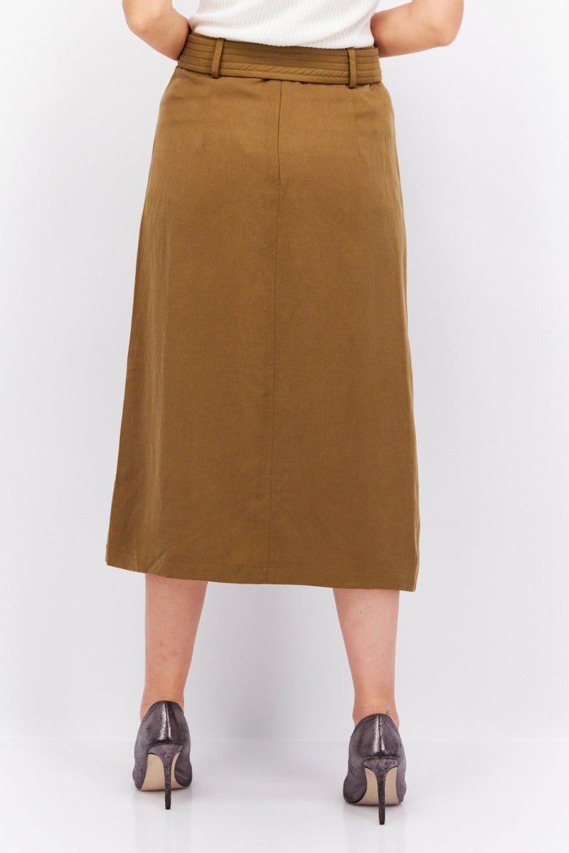 Women Solid Belted Midi Skirts, Olive