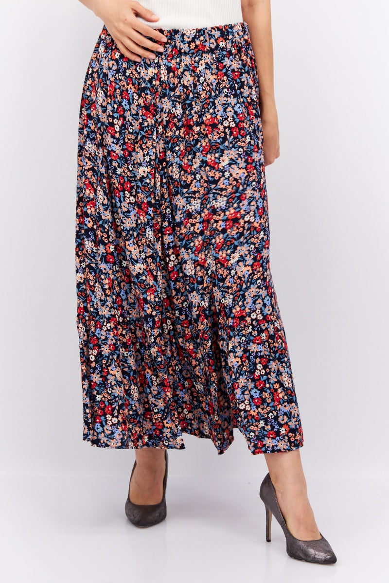 Women All Over Print Maxi Skirt, Navy Blue/Peach Combo