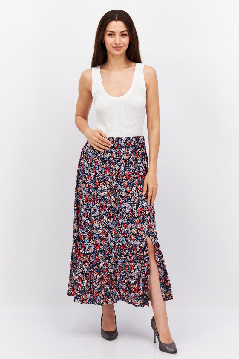 Women All Over Print Maxi Skirt, Navy Blue/Peach Combo