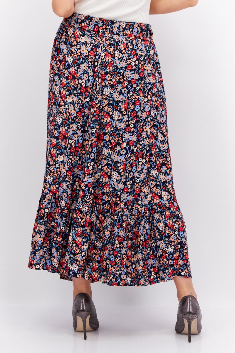 Women All Over Print Maxi Skirt, Navy Blue/Peach Combo