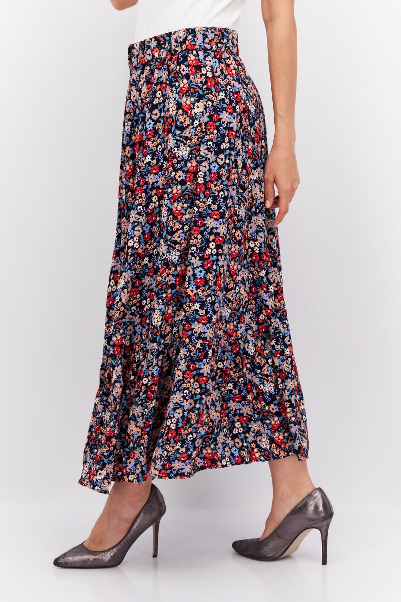 Women All Over Print Maxi Skirt, Navy Blue/Peach Combo