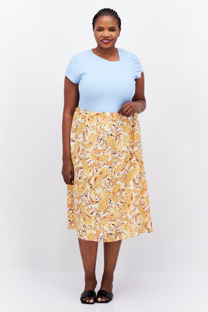 Women Plus Size Paisley Midi Skirt, Yellow