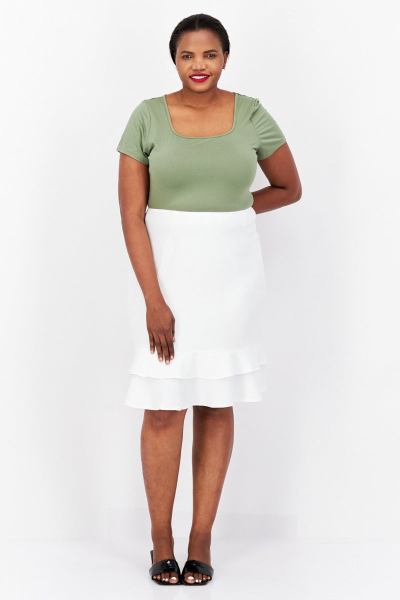 Women Plus Size Solid Midi Skirt, White