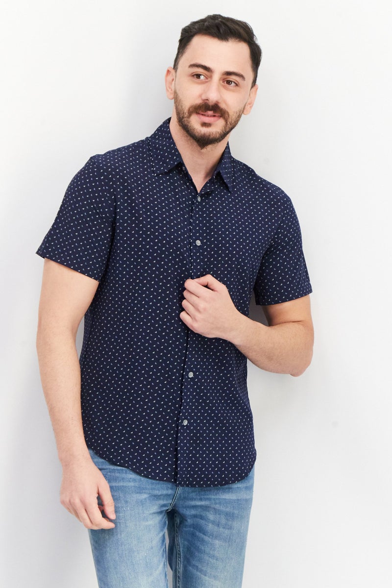 Men Regular Fit Allover Print Short Sleeve Casual Shirt, Navy