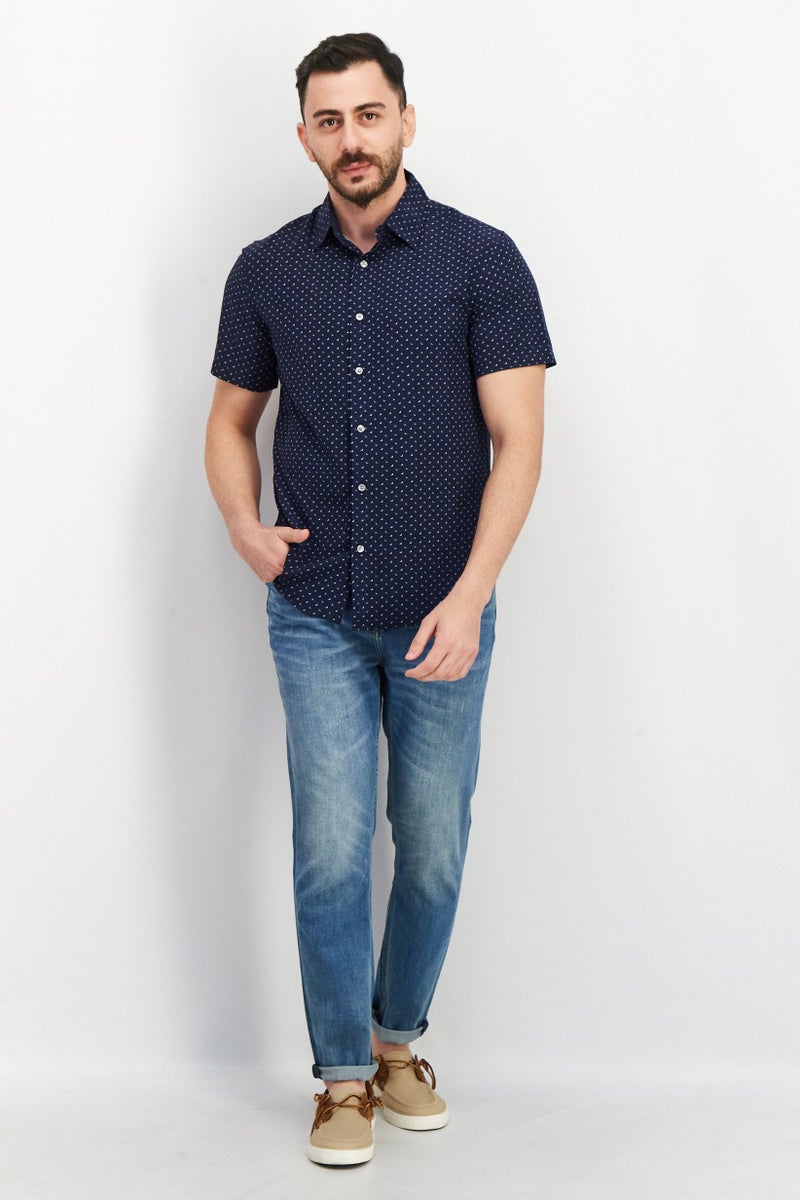 Men Regular Fit Allover Print Short Sleeve Casual Shirt, Navy