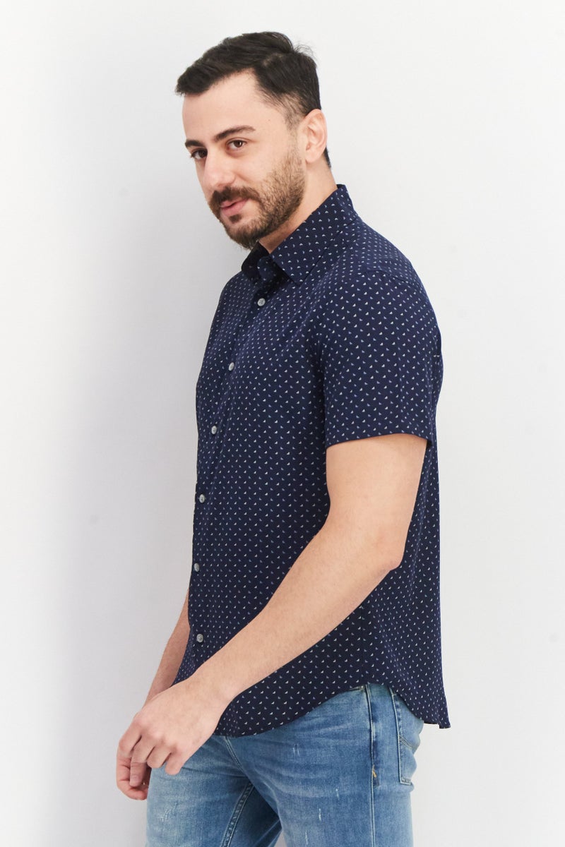 Men Regular Fit Allover Print Short Sleeve Casual Shirt, Navy