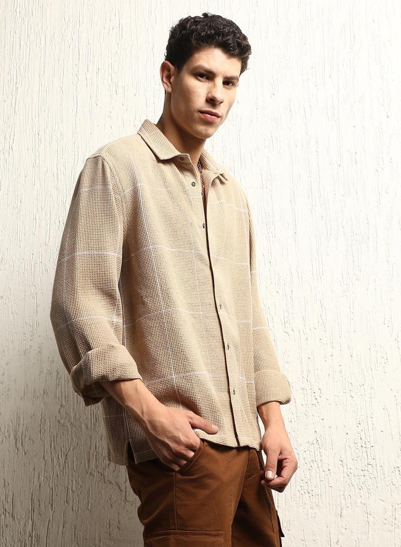 Oversized Cotton Casual Check Waffel Double Pocket Full Sleeve Shirt