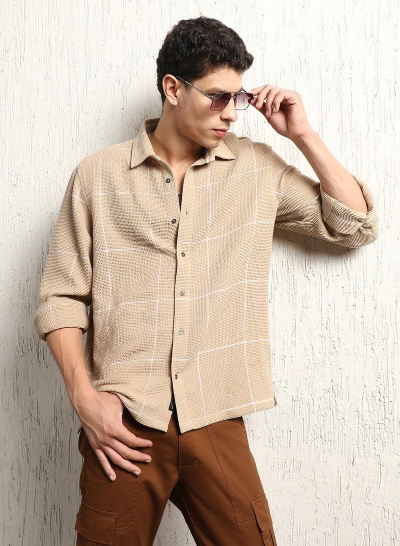 Oversized Cotton Casual Check Waffel Double Pocket Full Sleeve Shirt