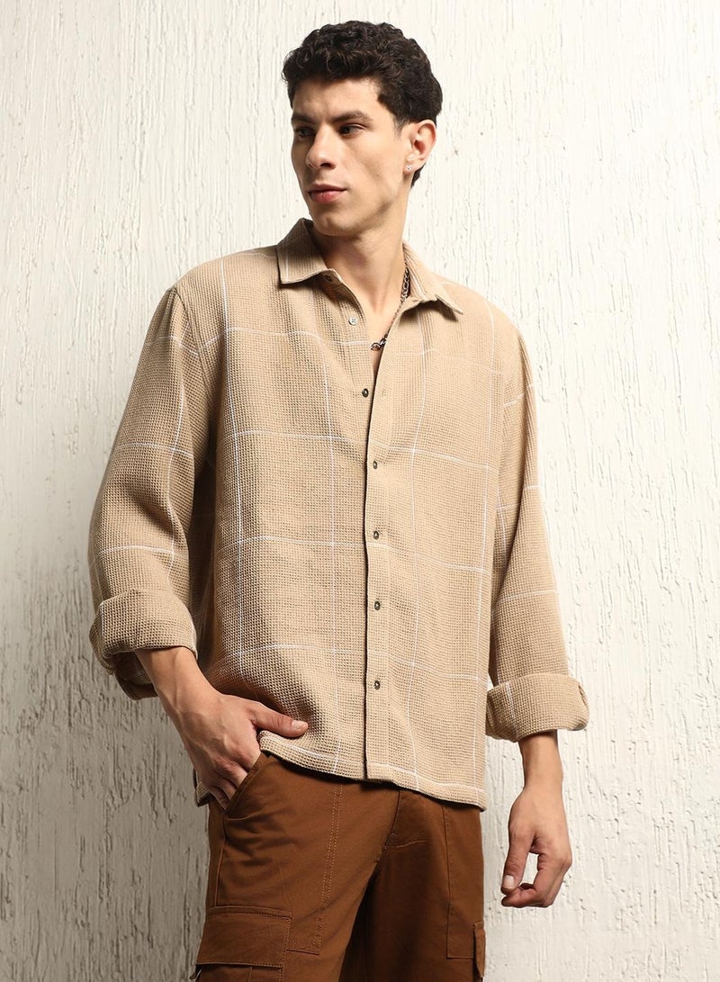 Oversized Cotton Casual Check Waffel Double Pocket Full Sleeve Shirt