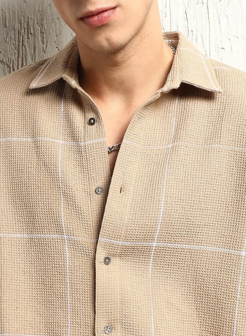 Oversized Cotton Casual Check Waffel Double Pocket Full Sleeve Shirt