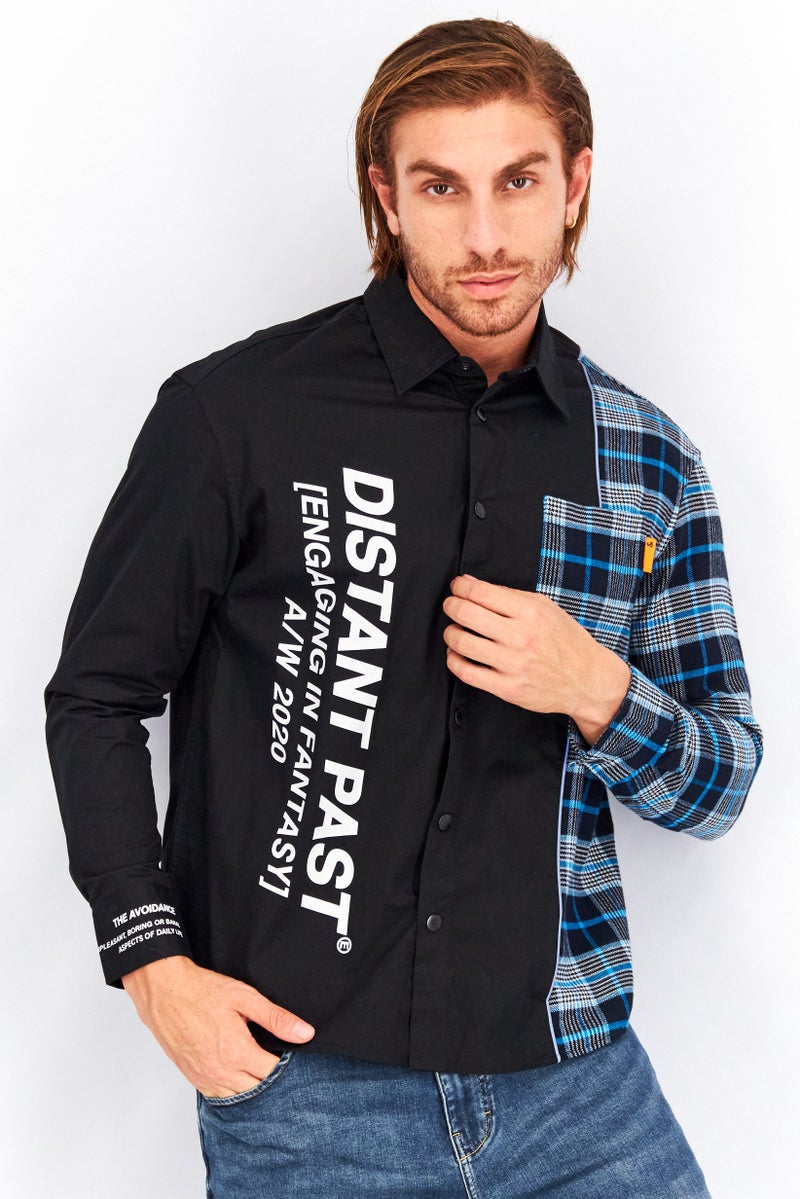 Men Loose Fit Plaid Long Sleeve Casual Shirt, Black