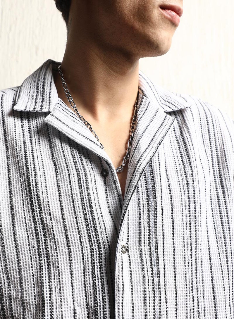 Cotton Relaxed Waffel Striped Half Sleeve Shirt