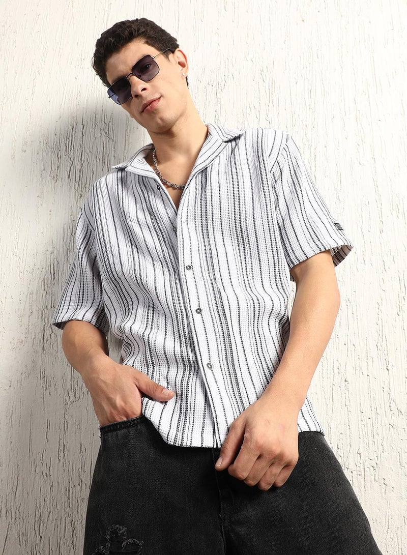 Cotton Relaxed Waffel Striped Half Sleeve Shirt