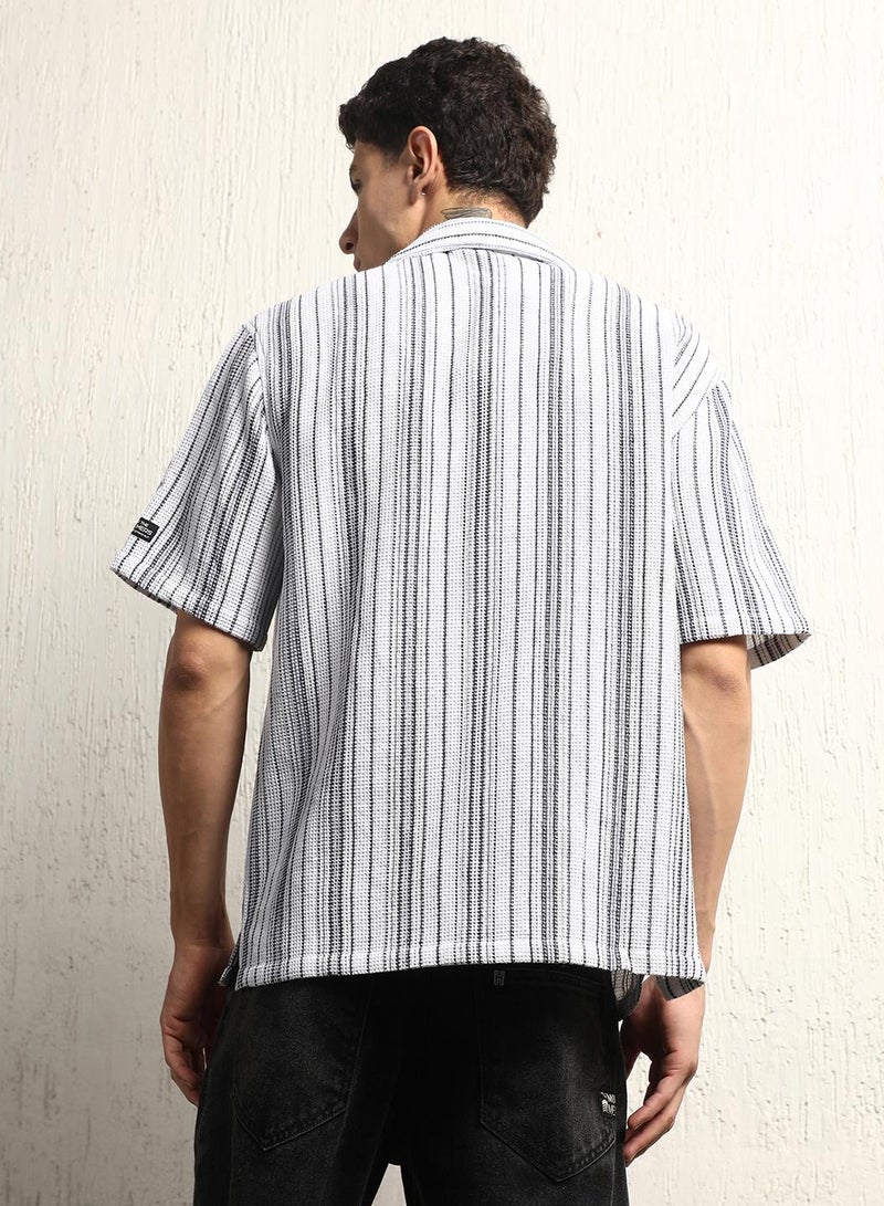 Cotton Relaxed Waffel Striped Half Sleeve Shirt