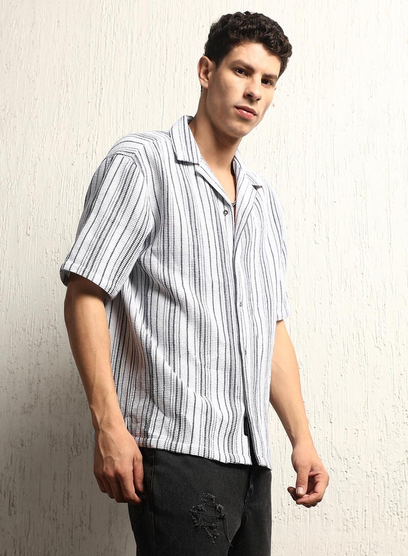 Cotton Relaxed Waffel Striped Half Sleeve Shirt