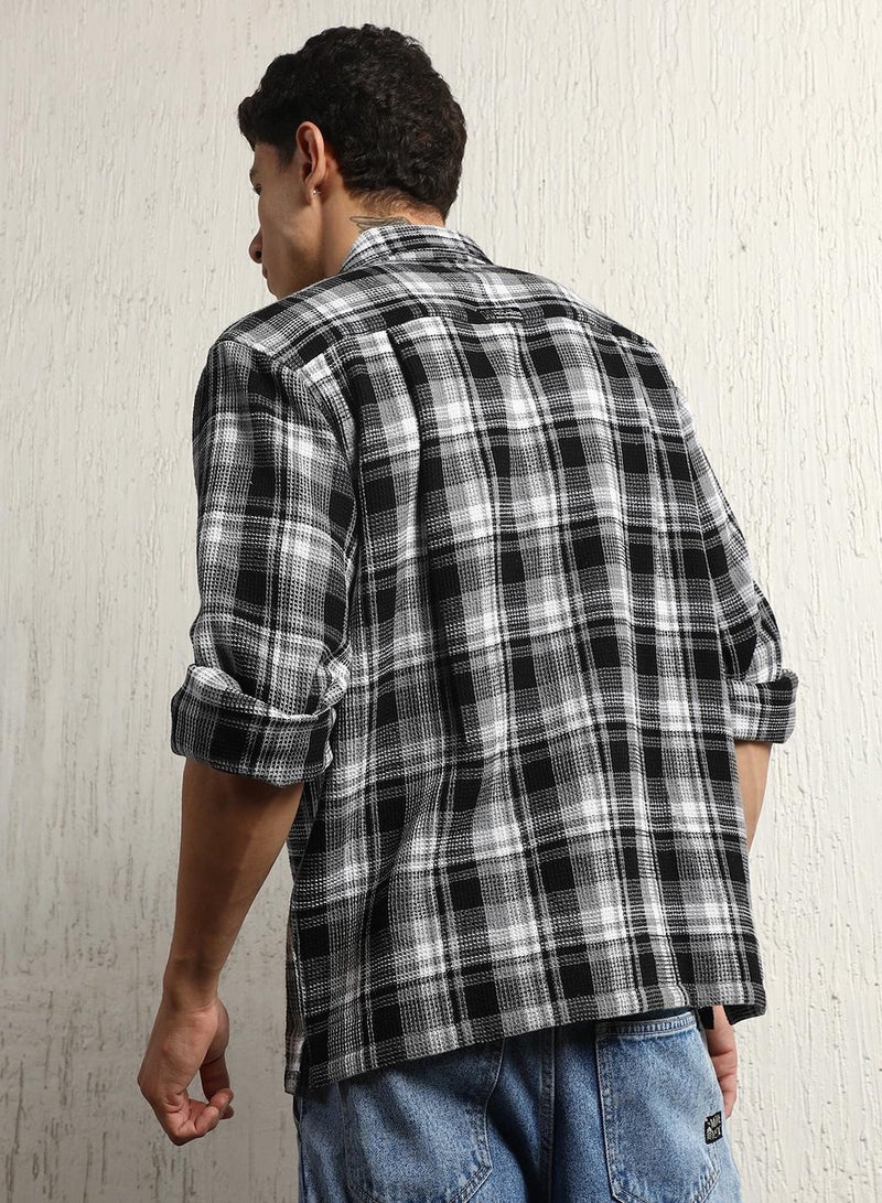 Oversized Cotton Casual Check Waffel Double Pocket Full Sleeve Shirt