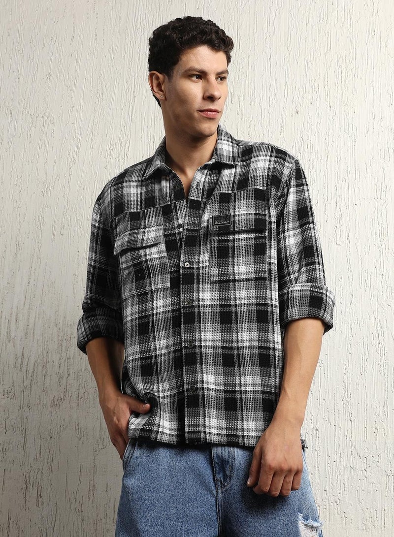 Oversized Cotton Casual Check Waffel Double Pocket Full Sleeve Shirt