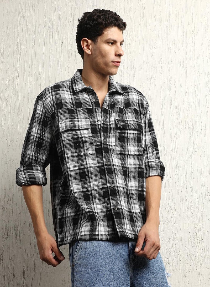 Oversized Cotton Casual Check Waffel Double Pocket Full Sleeve Shirt