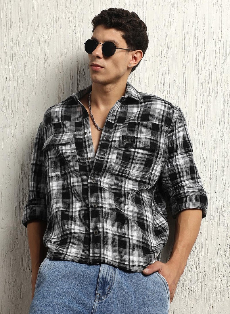 Oversized Cotton Casual Check Waffel Double Pocket Full Sleeve Shirt