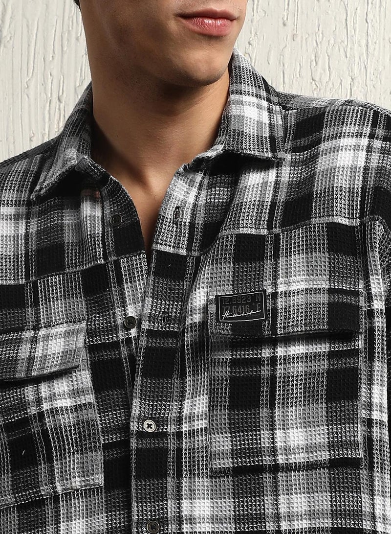 Oversized Cotton Casual Check Waffel Double Pocket Full Sleeve Shirt