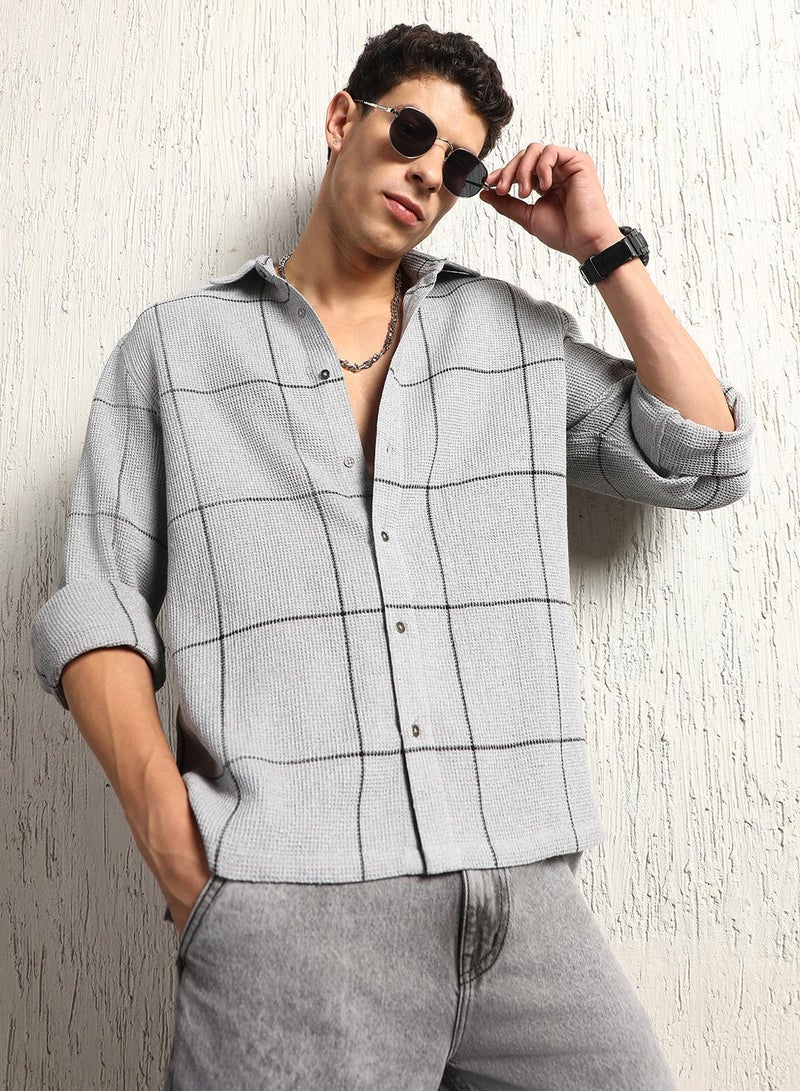 Oversized Cotton Casual Check Waffel Double Pocket Full Sleeve Shirt