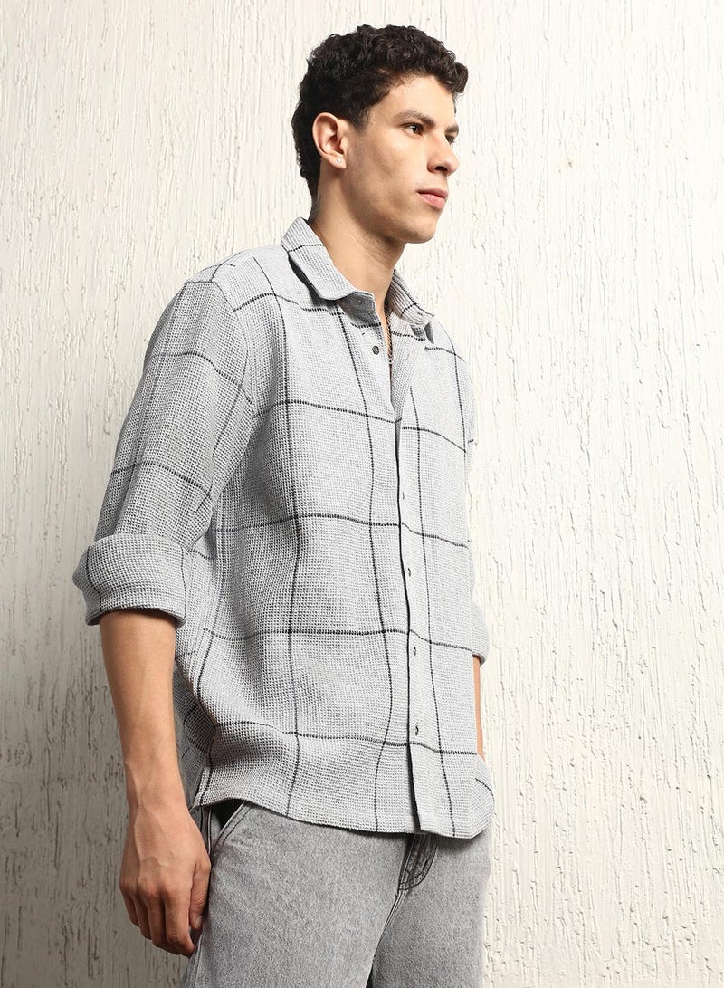 Oversized Cotton Casual Check Waffel Double Pocket Full Sleeve Shirt