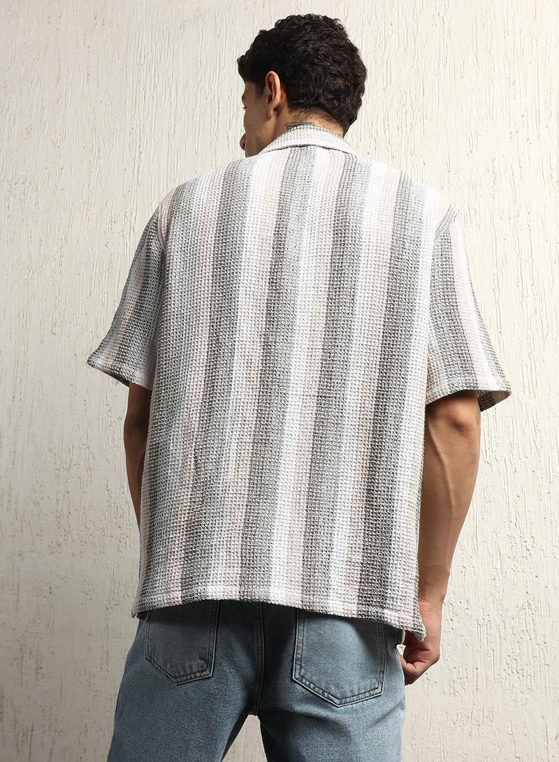 Cotton Relaxed Waffel Striped Half Sleeve Shirt