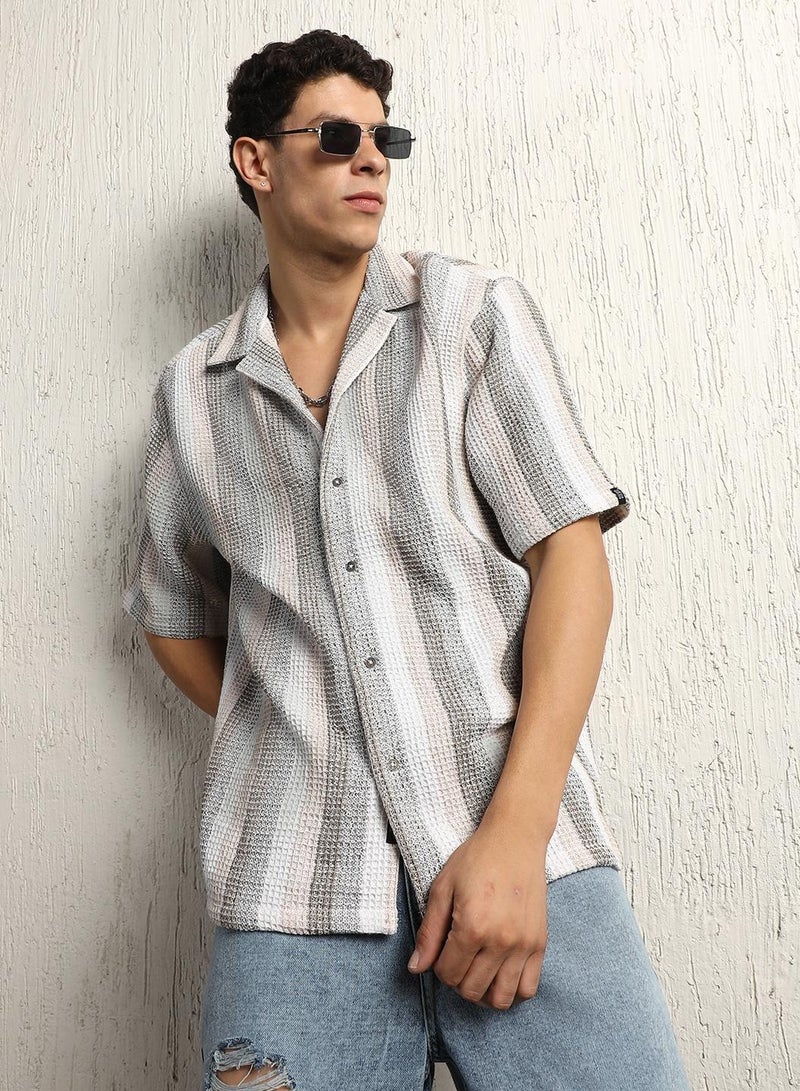 Cotton Relaxed Waffel Striped Half Sleeve Shirt