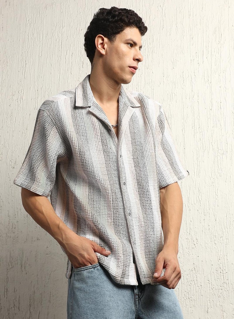 Cotton Relaxed Waffel Striped Half Sleeve Shirt