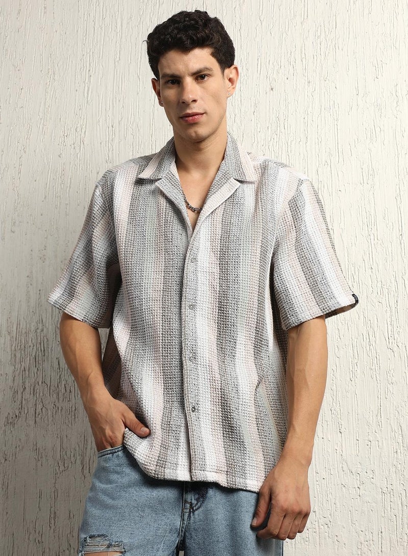 Cotton Relaxed Waffel Striped Half Sleeve Shirt