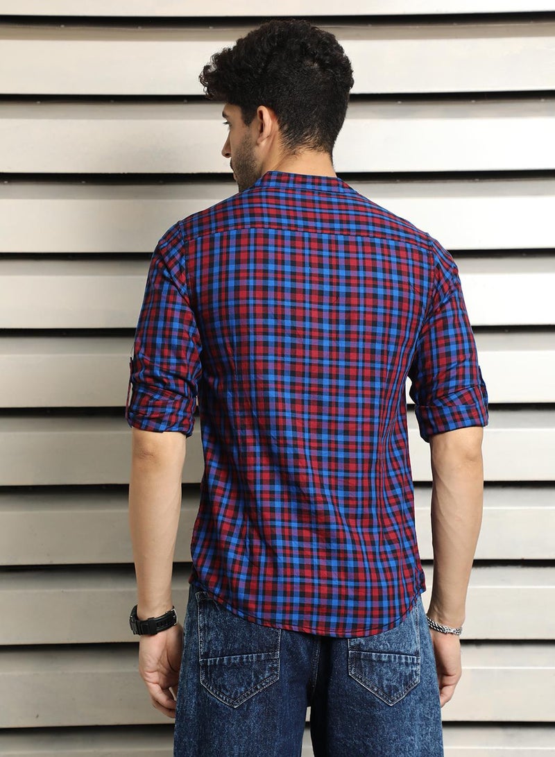 Men Mandarin Collar Checked Pure Cotton Casual Shirt